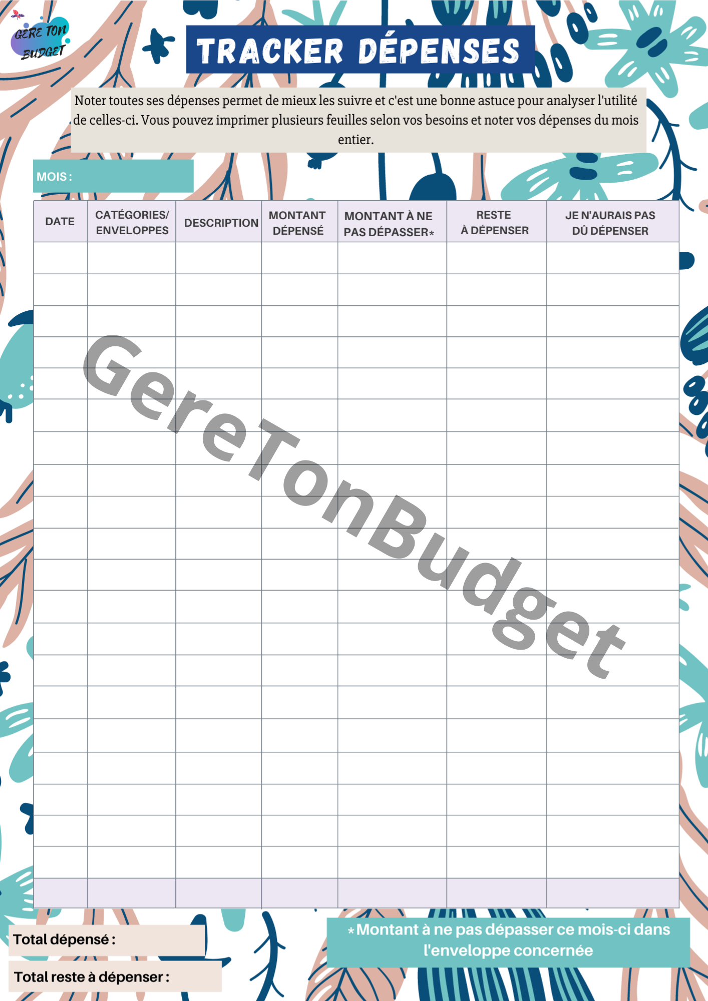 Feuille de budget mensuel par catégorie à imprimer – Enveloppe
